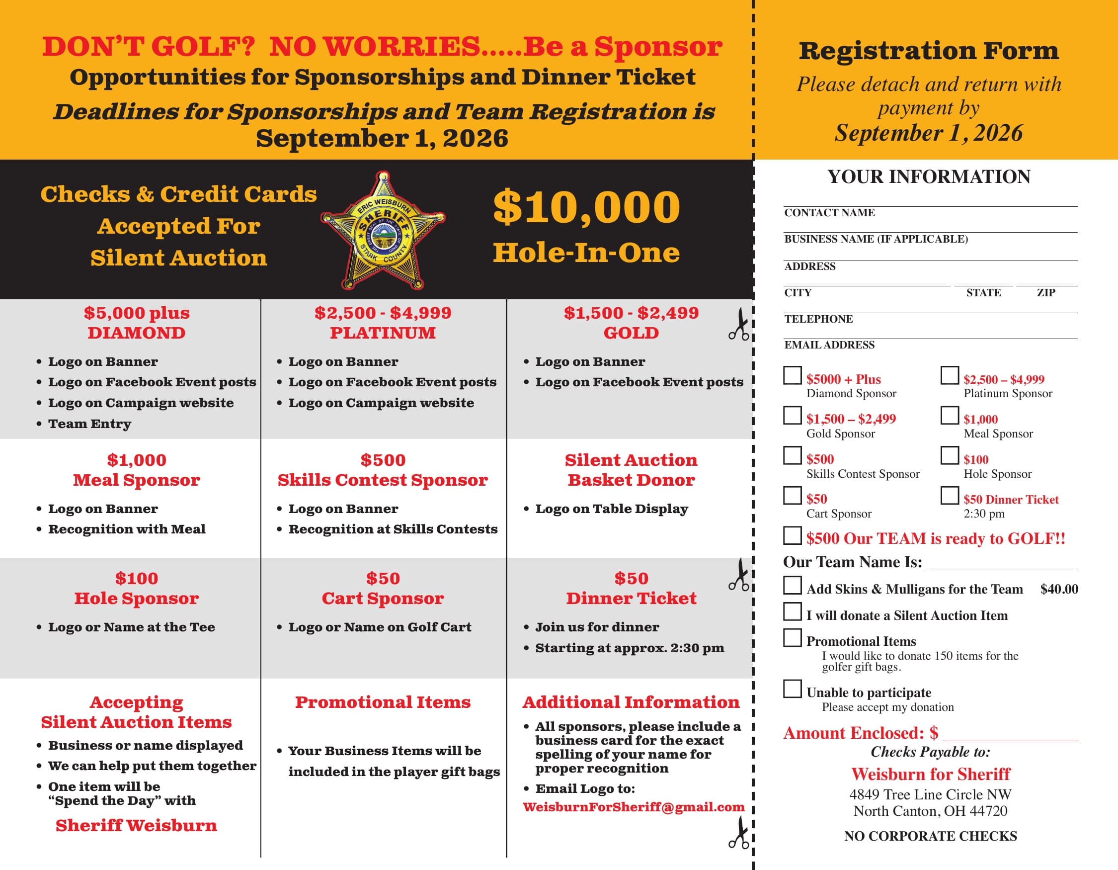 Sheriff Weisburn Golf Outing flyer — sponsorship tiers, $10,000 hole-in-one, and registration form details