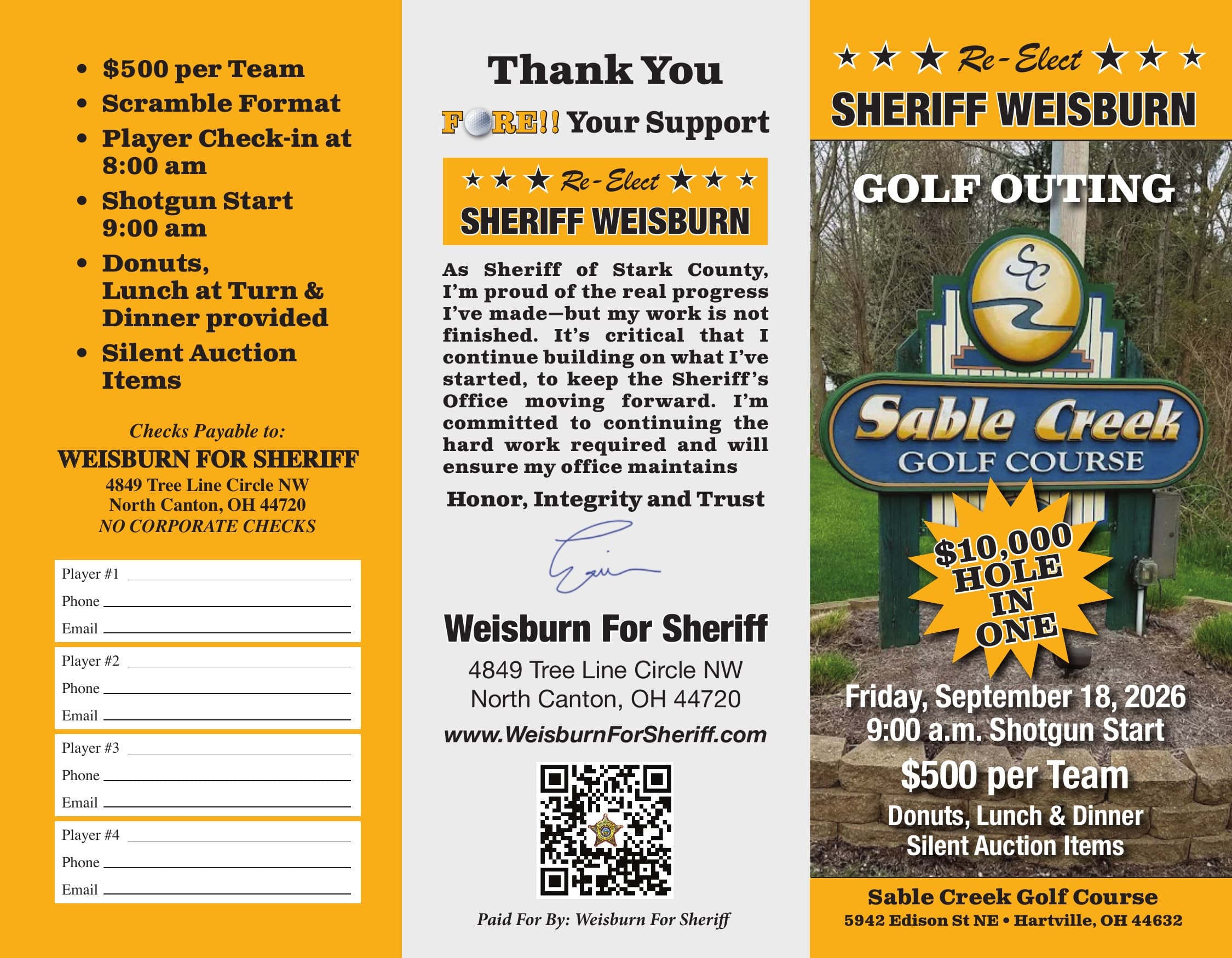 Sheriff Weisburn Golf Outing flyer — cover, sponsor thank-you, and registration form